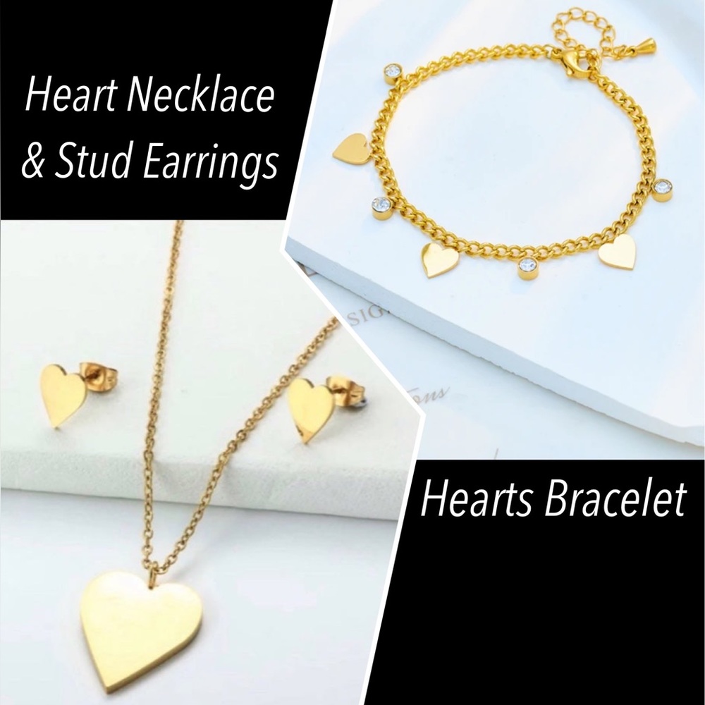 Stainless Steel Gold Heart Necklace and Stud Earrings Set and Hearts Bracelet